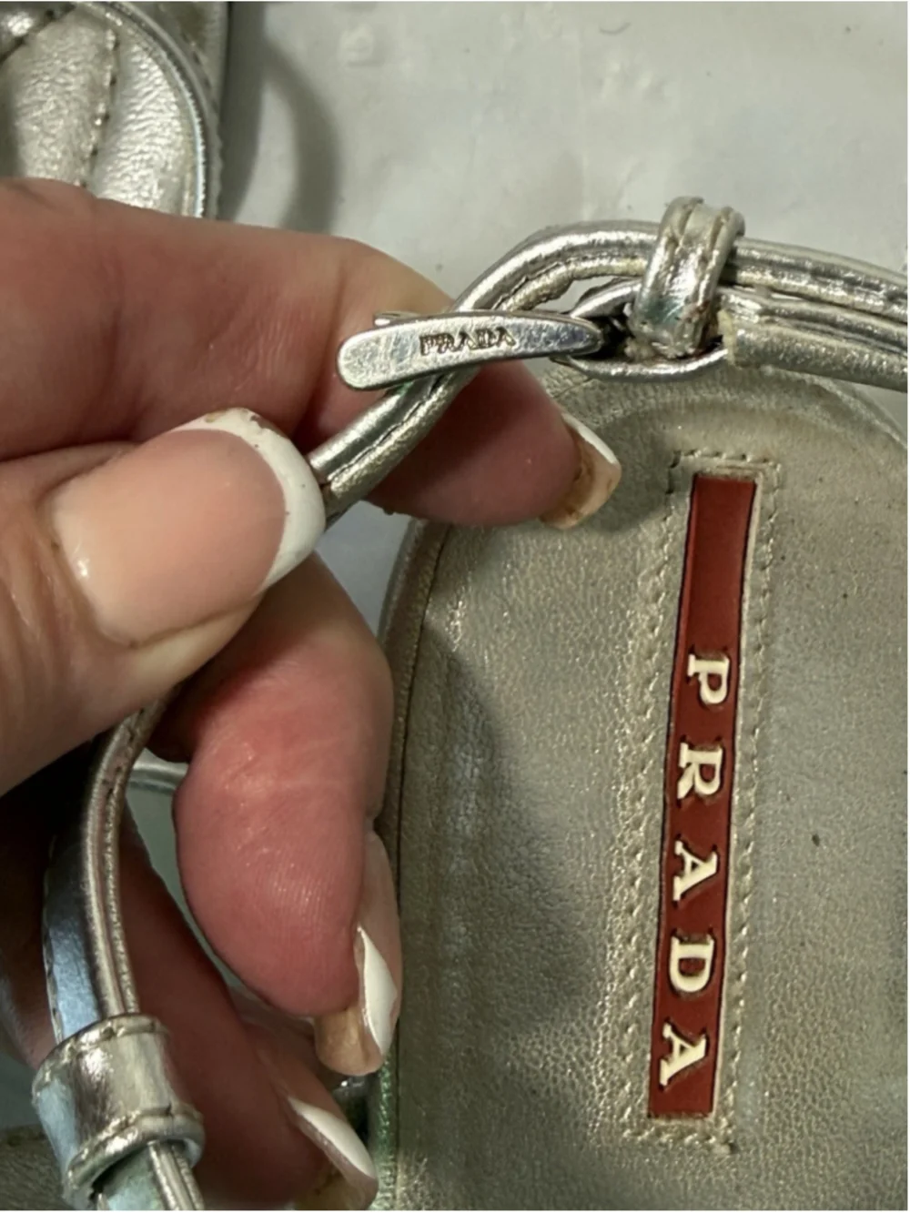 PRADA, Wedge Sandals, Silver Leather, size 6 1/2